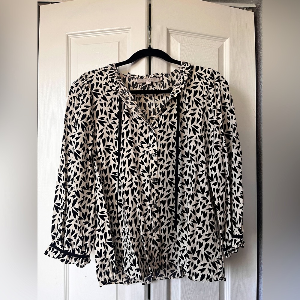 Loft black and white heart long sleeve blouse small.